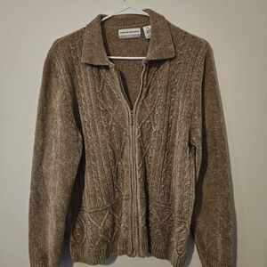 Alfred Dunner Womens Tan Zip-Up Sweater